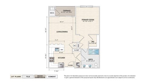 Floor plan for 1 bed, 1 bath, 761 sqft